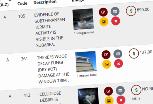Report findings list with photos and pricing